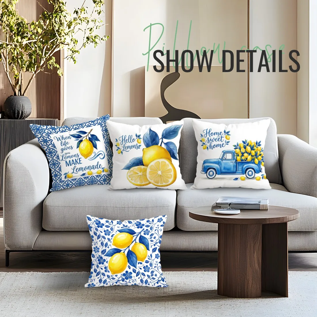 Lemon & Blue Farmhouse Pillow Covers Pattern Cushion Cover Suitable for Sofa Bedroom Car Pillow Cover