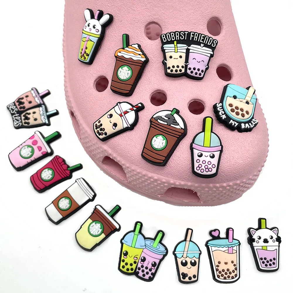 16 Milk Tea Series Shoe Decoration Charms PVC Board Shoe Accessories Pins for Clog Cute Women Men Shoe Gift