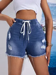 2025 봄 새로운 높은 허리 탄성 허리 Drawstring 여성을위한 찢어진 데님 반바지 패션 캐주얼 스트레치 원시 가장자리 청바지 반바지