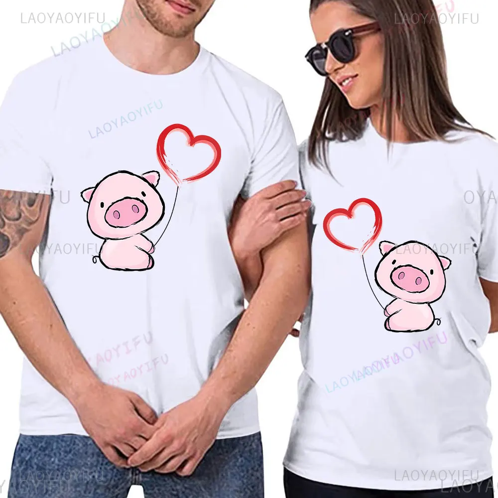 Cartoon Love Pig Printing Women Tshirt Couple T-shirt Summer Short-sleev Fashion Kawaii Graphic Tee Shirt Cotton Streetwear Tops