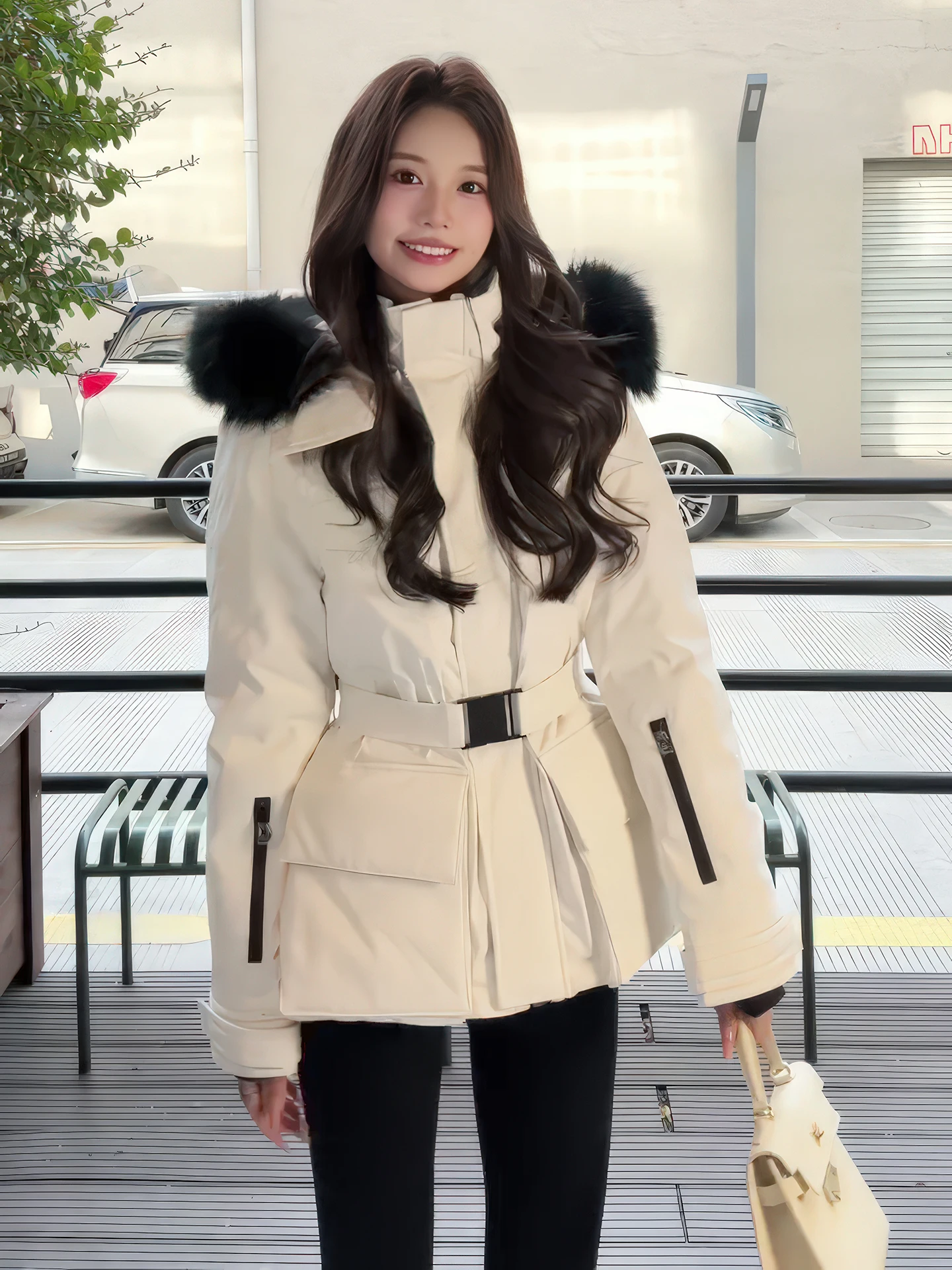

Korean Sle Women's down Jaet Winter 2025 New Warm Slimming Windproof Snow Skiing Coat Big Fur Collar Waist-Cinching