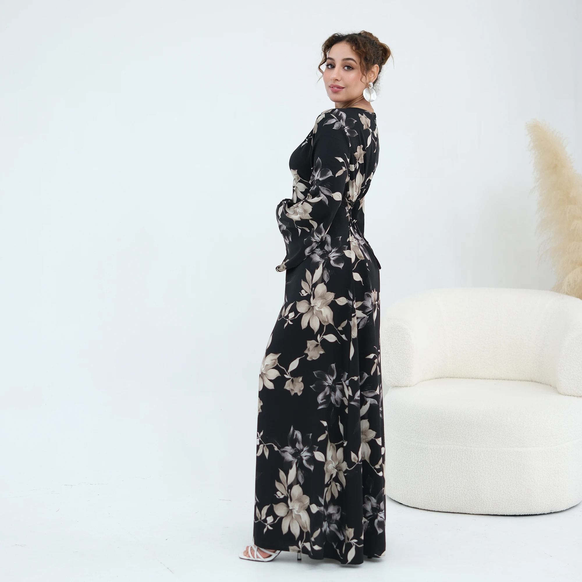 Floral Print Back Lace-Up Regular-Fit Long Flared Sleeve Lightweight Muslim Abaya Long Women Dress Evening Party Eid Hijabi Robe