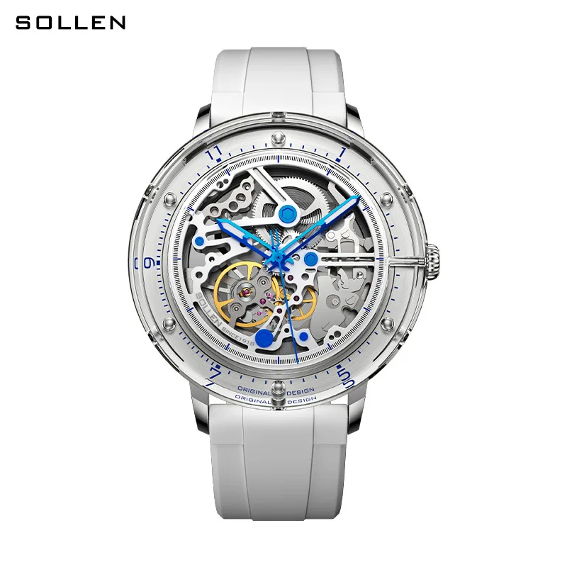 SOLEEN Fashion Skeleton Automatic Mechanical Watches Fashion Personality Men Watch Waterproof White Silicone Strap Reloj Hombre