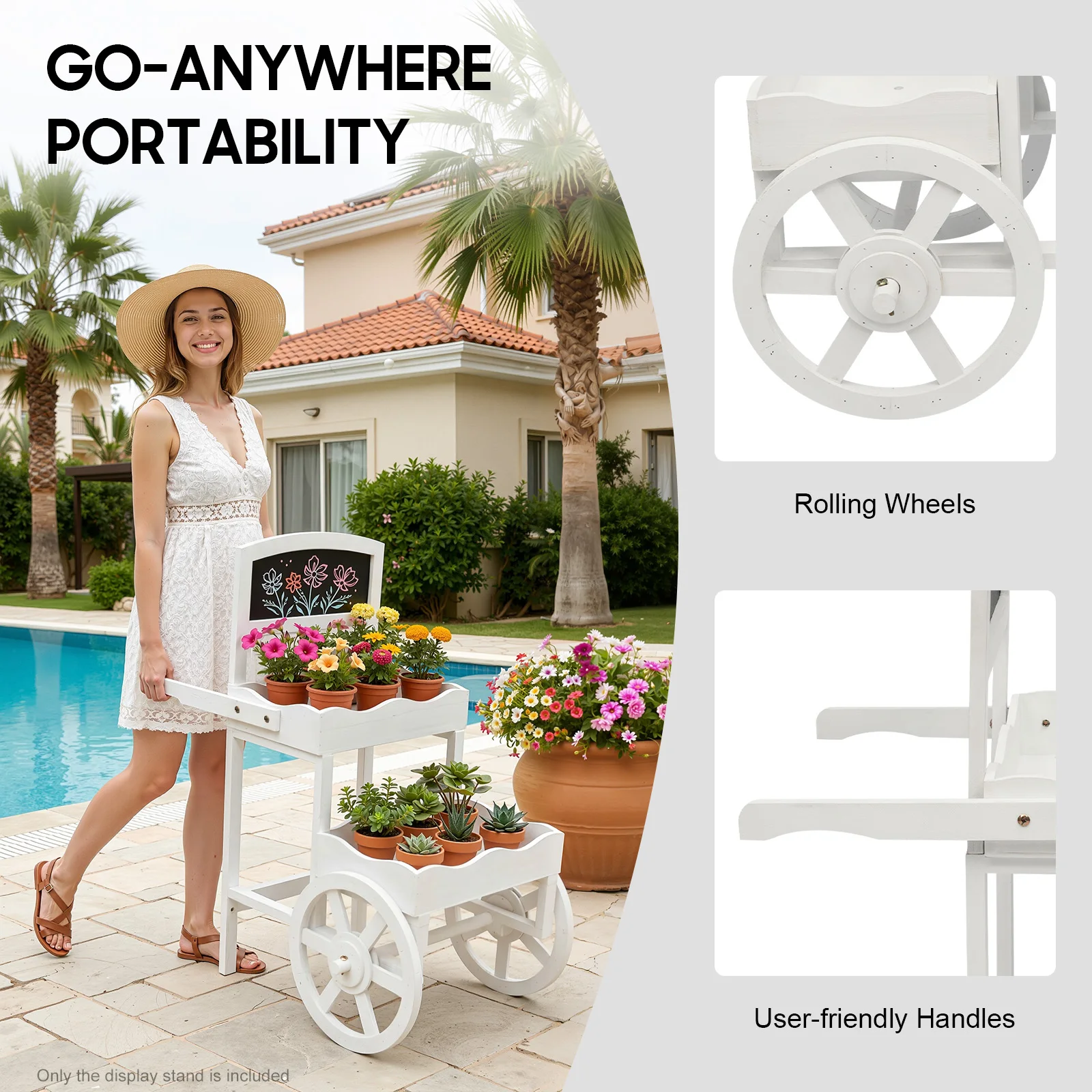 2-Tier Planter Cart, Garden Wood Flower Display Stand with Wheels, Florist Window Rack for Patio, Wedding, Party Decoration