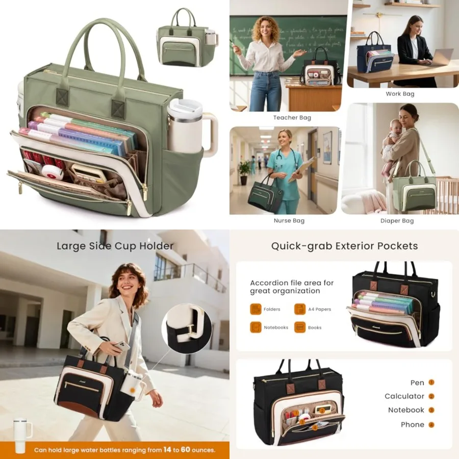 

LOVEVOOK Teacher Tote Bag for Women, Laptop bag with Large Cup Holder, Work bag with Accordion File Organizer Pocket, Multi-Poc