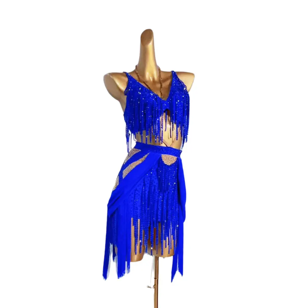 라틴 댄스 무대 여성용 고급 맞춤 허리 노출 태슬 스커트 삼바 아트 공연 라인스톤 의상 드레스