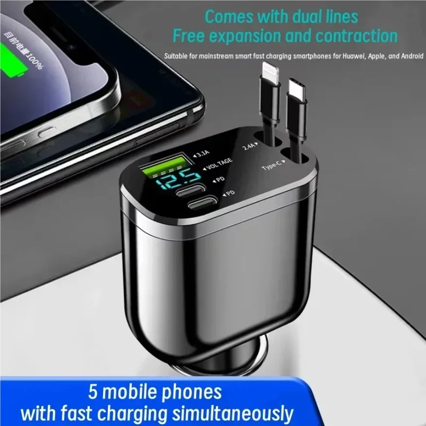 

Ultra Fast Charging Five in One USB Car Phone Charger with Intelligent Digital Display and Dual PD Ports for Voltage Display