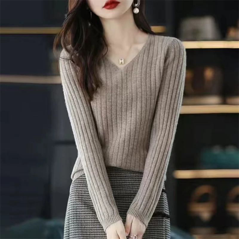 Women Clothing 2023 Autumn Winter Trendy Solid Soft Ribbed Basic Knitted Sweater Casual V Neck Long Sleeve Pullover Tops Jumpers