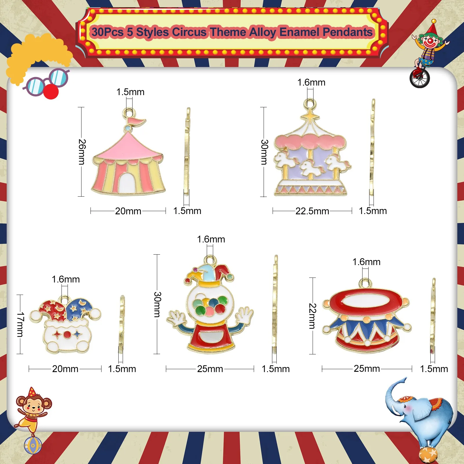 30Pcs 5 Styles Enamel Circus Charms Clown Drum Tent Merry-Go-Round Charms Cute Dangle Charms for Jewelry Making Crafting