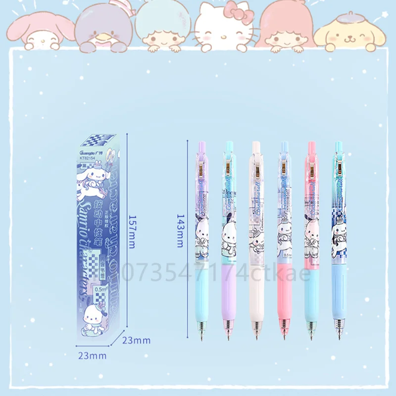 6 buah Kawaii Sanrio Cinnamoroll tekan pena Gel gaya acak perlengkapan alat tulis siswa 0.5Mm pena tekan hadiah pena tanda tangan