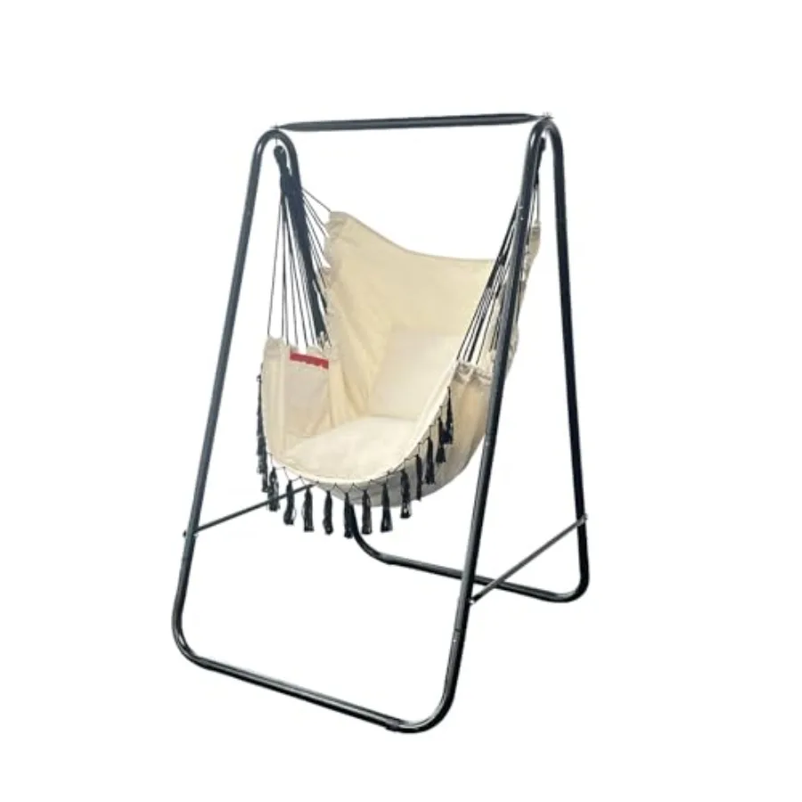 

Прочное кресло-гамак с подставкой для использования в помещении и на улице, бежевое кресло-качели с 2 подушками в комплекте, максимальная нагрузка 500 фунтов, долговечное.