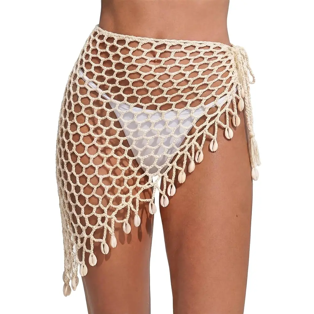 Women Crochet Sarong Wrap Skirts Crochet Swimsuits Cover Up Tie Side Sexy Mermaid Skirt Shell Bikini Beach Vacation