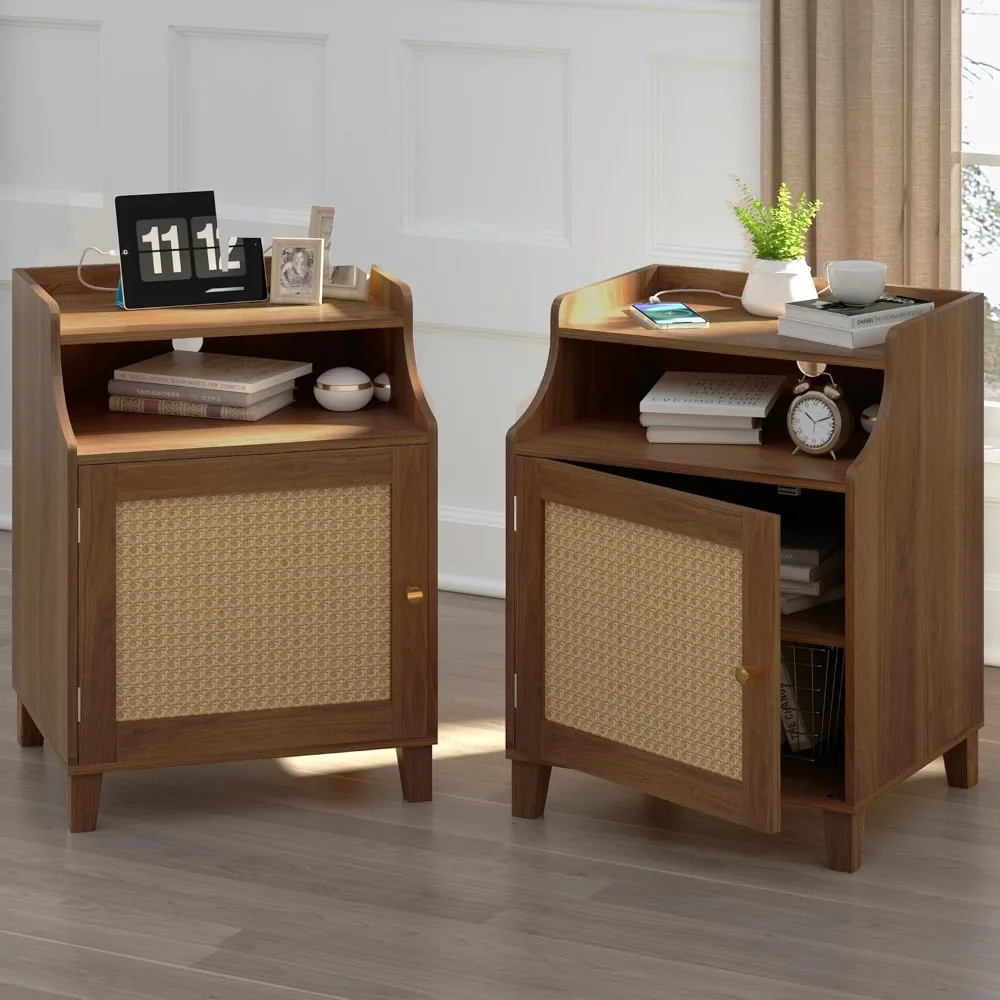 

pair of farmhouse-style nightstands with charging port and rattan-doored storage, adjustable shelves, and wooden sofa side table