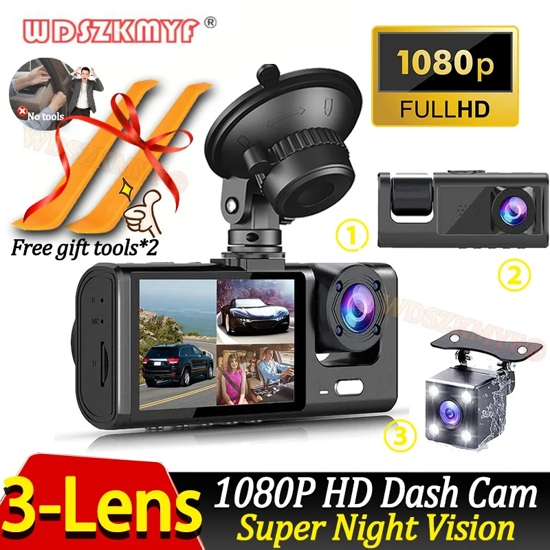 3 Camera Dash Cam for Car Front And Rear Camera 1080P Video Recorder Dashcam Black Box Car DVR Rear View Camera car accessory