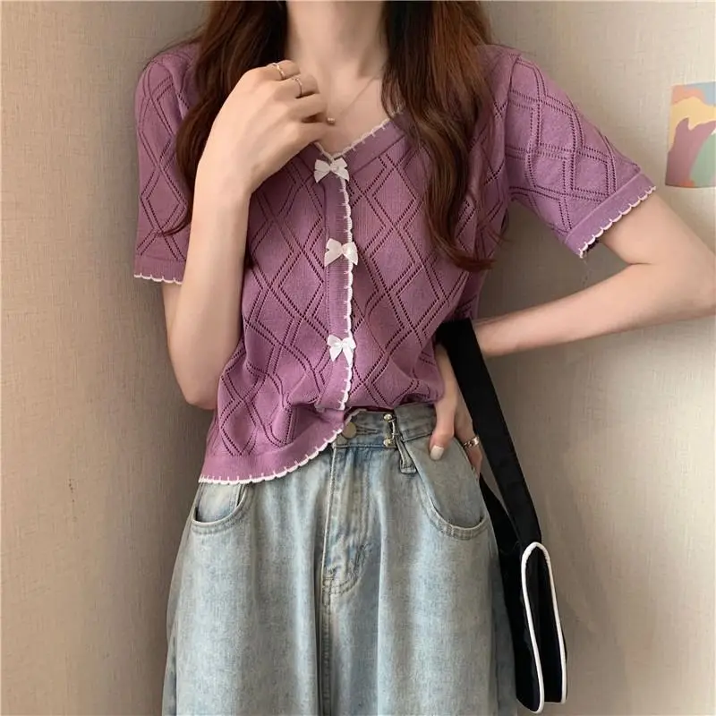 

Ice Silk Knitted Cardigan Purple Short-sleeved T-shirt for Women Korean Style Design Niche V-neck Bow Slim and Versatile Top