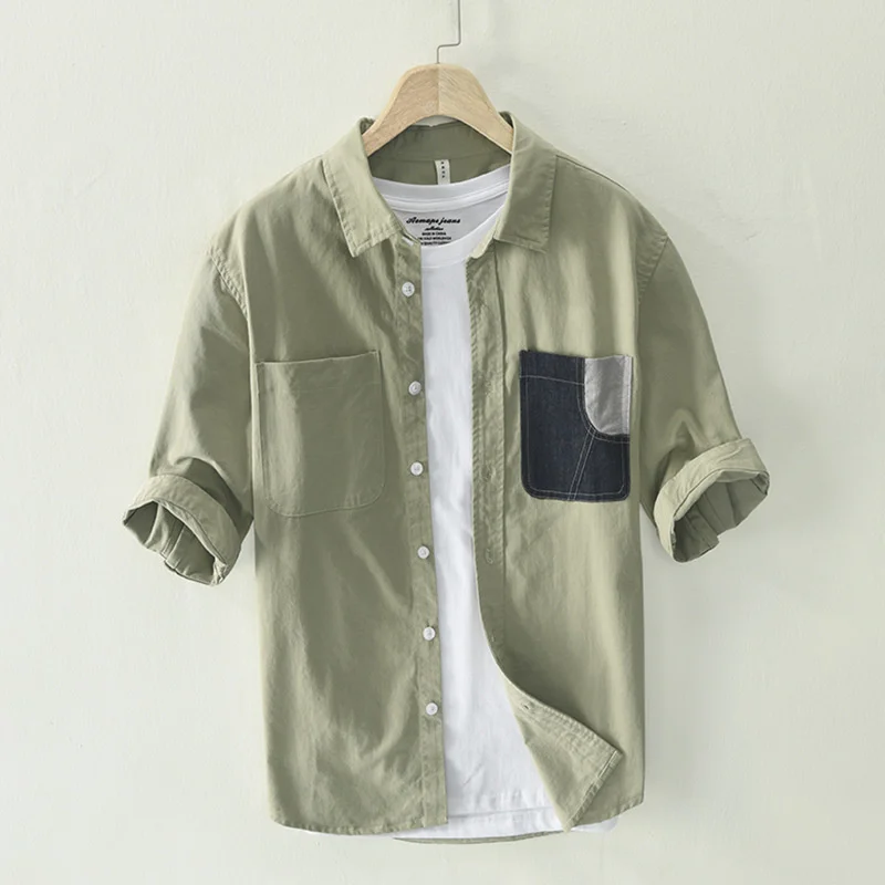 

Summer Men's Casual Half Sleeve Cotton Shirt Fashion Color Matching Loose Double Chest Pockets Workwear Tops Shirts For Man