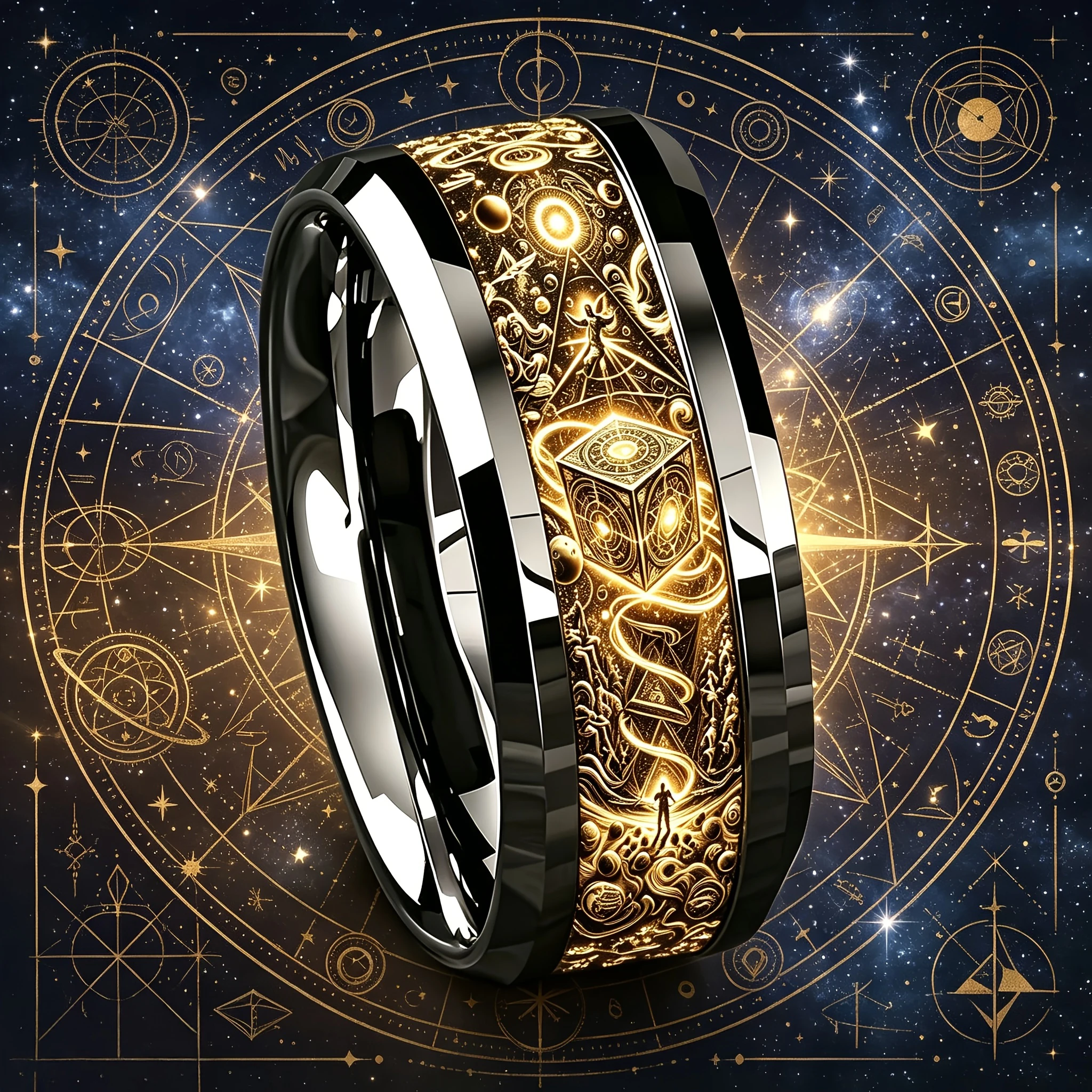 SUNFLOWERZHU 8MM Star Sky Stainless Steel Ring Women Men Non-fading Wedding Band Engagement Polished Double Beveled Ring