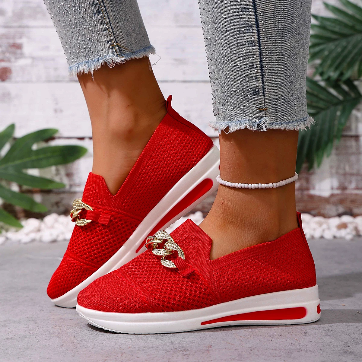 Women Sneakers 2025 New Summer Fashion Women Casual Shoes Sports Knitting Sneakers Flat Hollow Out Chain Plus Size Shoes Women