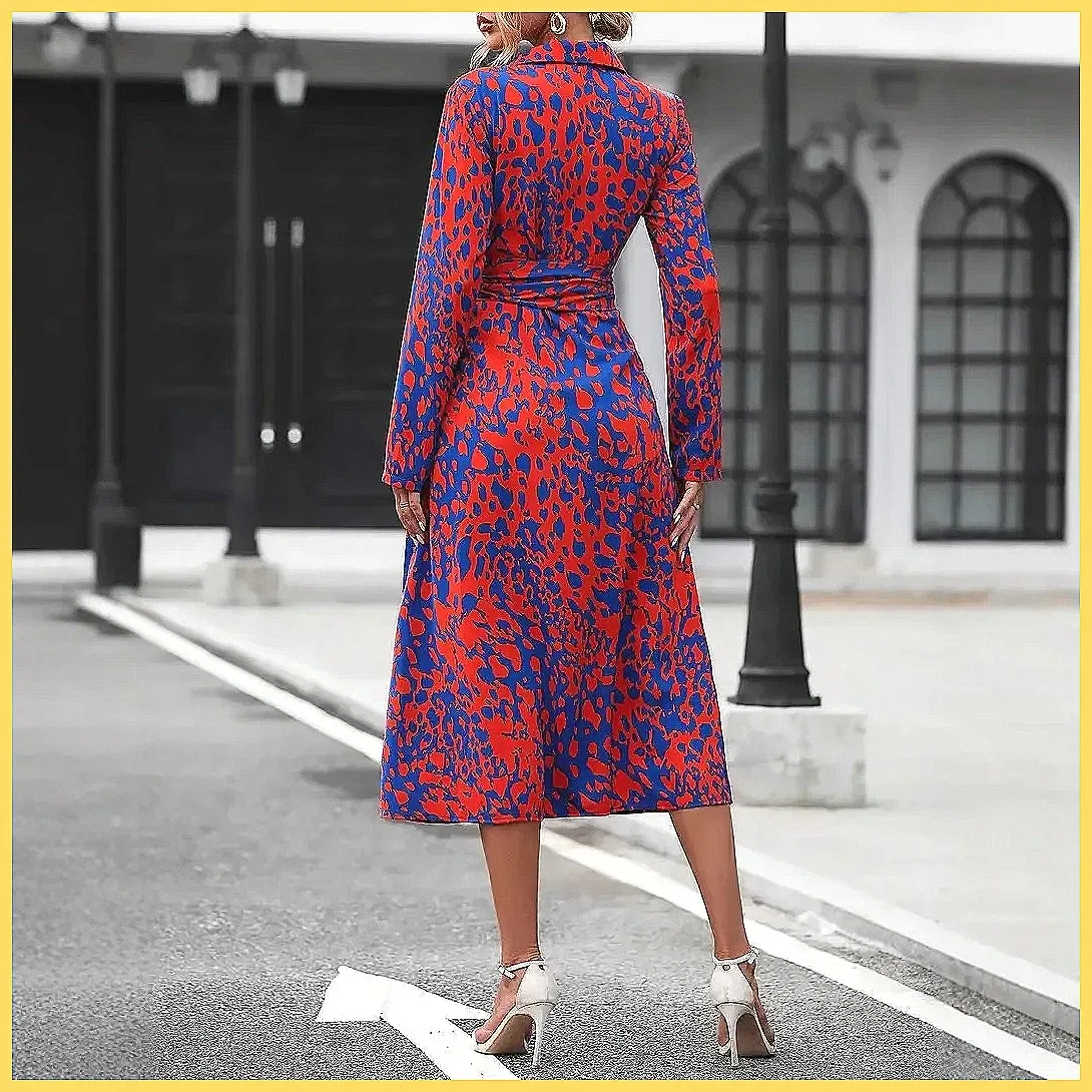 Elegante Abito Lungo da Donna 2026 con Maniche Lunghe, Colletto Allacciato e Patchwork per Feste