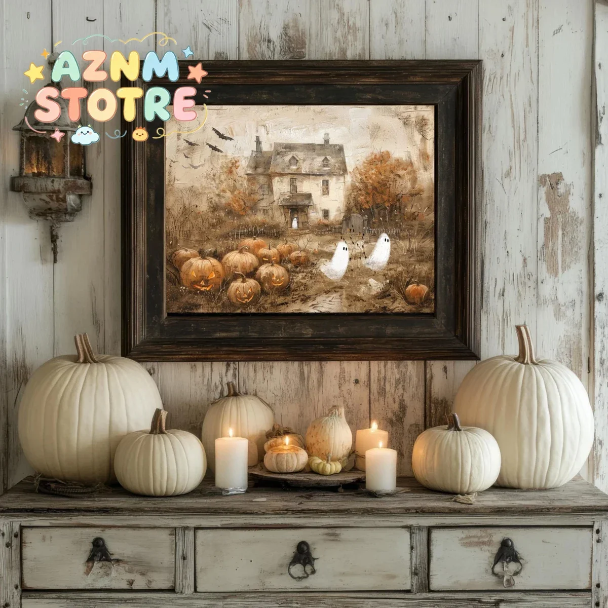 Cute Ghosts Haunted Farmhouse Canvas Prints Poster Pooky Pumpkin Patch Halloween Art Prints Fall Wall Art Home Decor Art Post