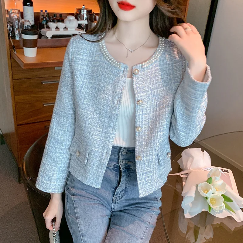 

Women's blue woolen jacket 2025 new spring and autumn season small fragrant style women's top