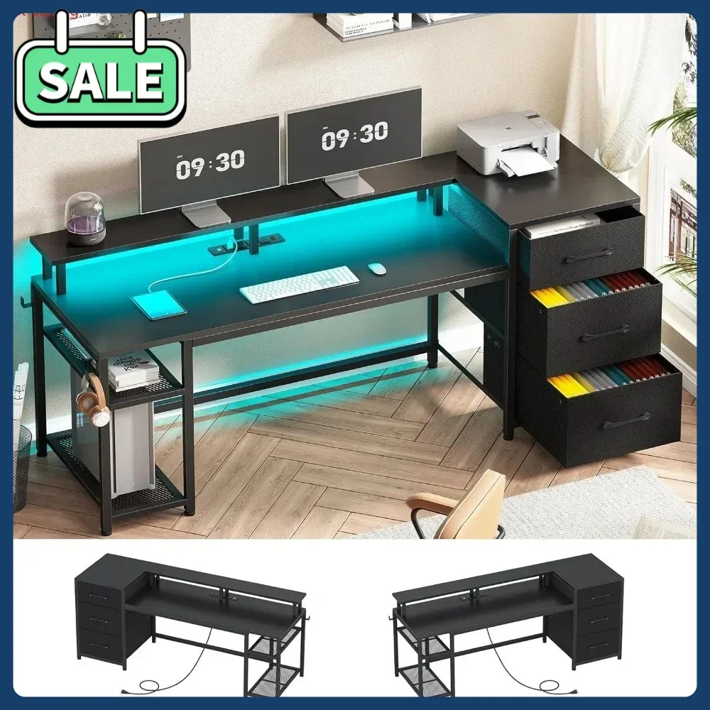 

Бестселлер Офисный стол 59 дюймов с выдвижными ящиками, двусторонний компьютерный стол с ящиками для файлов и хранилищем, игровой стол со светодиодной подсветкой и питанием