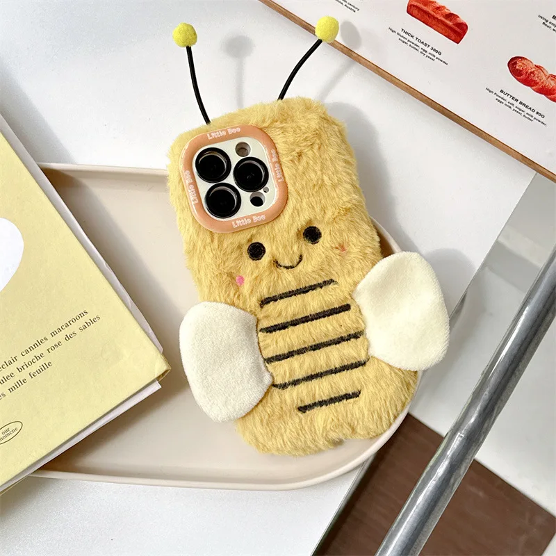 Coque de téléphone avec support d'objectif d'abeille en peluche, fourrure moelleuse coréenne, étui de protection antichoc pour iPhone 17 16 15 14 13 12 11 Pro Max