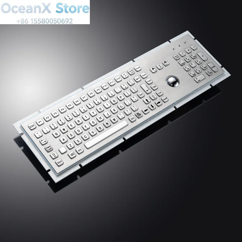 Full Size 106 Keys Industrial Metal Keyboard, Built-in 38mm Mechanical Trackball with Numeric Keypad