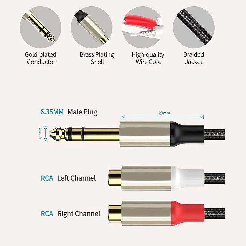 6.35mm To 2RCA Cable 1/4 Inch Male TRS To 2RCA Female Splitter Stereo Audio Adapter Cable for Amp Mixer Speaker TV DVD Player