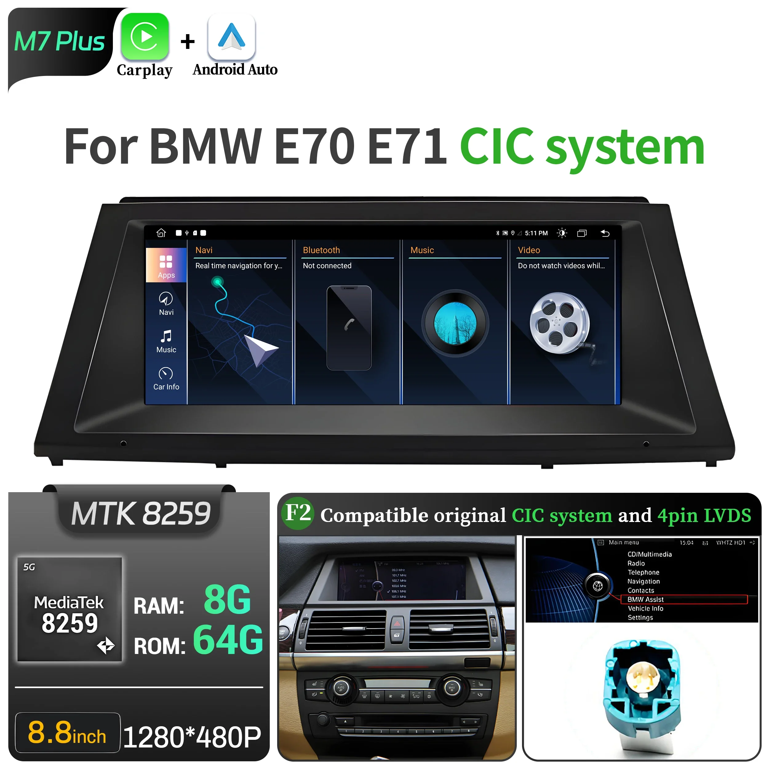 8.8 inch Android 13 Voor BMW X5 E70 X6 E71 E72 Autoradio GPS Draadloze BT Carplay Qualcomm Snapdragon 680 Head Unit Touchscreen