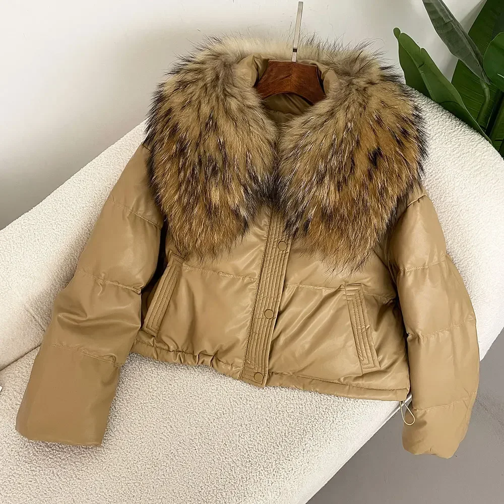 Down Jacket Women 2024 Winter White Duck Down Coat Short Warmth Puffer Jacket Large Natural Real Raccoon Fur Collar Parkas