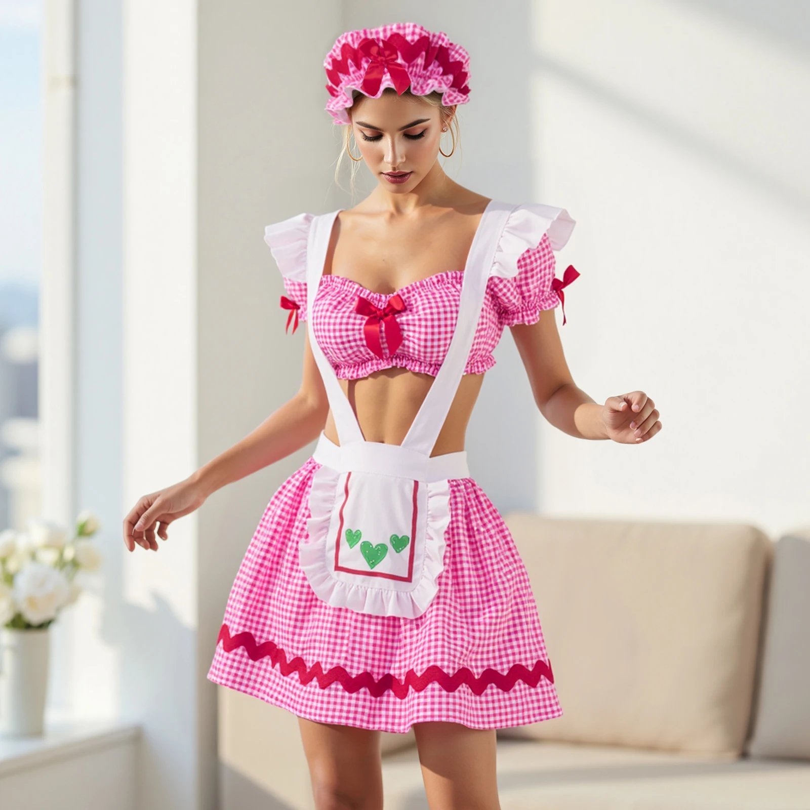 

Женский комплект нижнего белья, сексуальный эротический укороченный топ Babydoll, шорты на подтяжках, шляпа, ночное белье, костюм горничной, наряды для косплея на Хэллоуин, 2025 г.