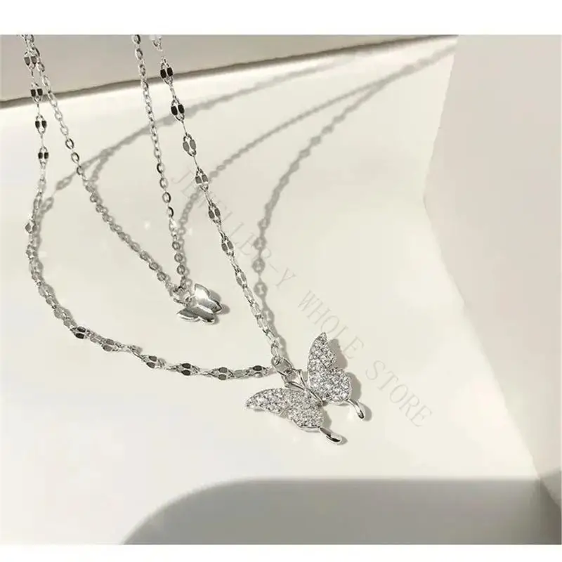 R7UF Adjustable Length Double Layer Butterfly Necklace Stylish Clavicle Chain Jewelry