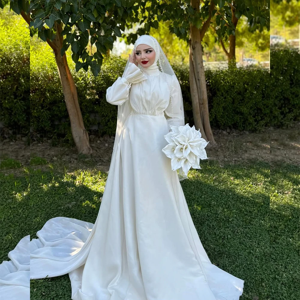 

Modest Muslim White Wedding Dresses with Cape Long Sleeve High Sleeve A Line 3D Flower Bridal Gowns vestidos de novia Customized
