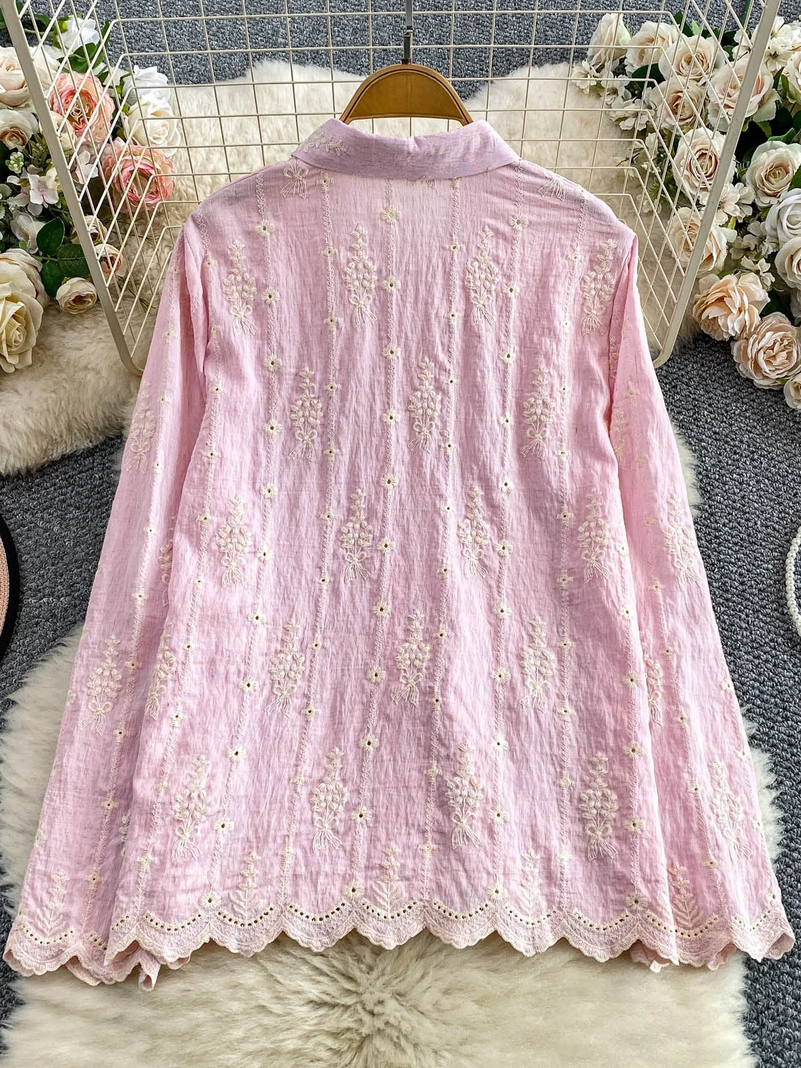 Zwaar borduurwerk uitgehold lange Sve irt dames casual losse afslankende bovenkleding lente herfst Faion Ele