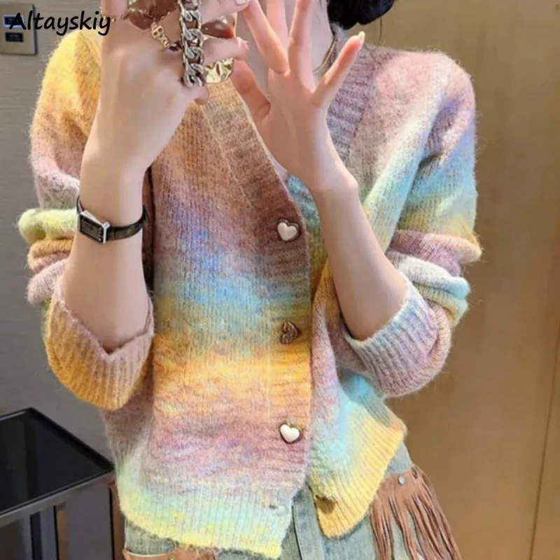 Gradient Cardigans for Women V-neck Ins Sweet Girls Candy Colors All-match Korean Style Spring Autumn Outwear Popular Knitted