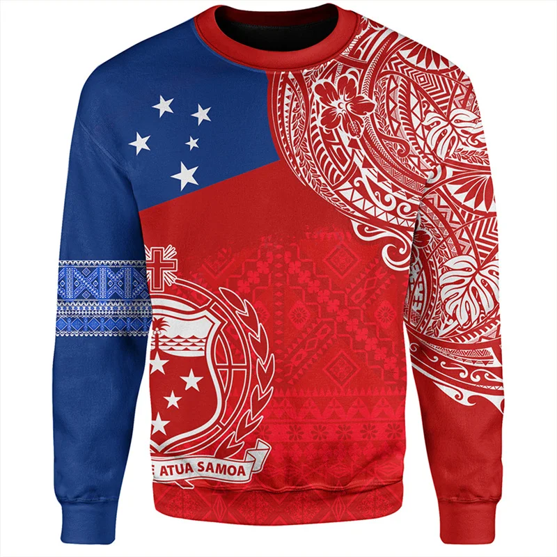 Vintage 3D American Samoa IndepedenceDay Printing Sweatshirts Samoa Emblem Graphic Round Neck Hoodies Fashion Mens Clothing Tops