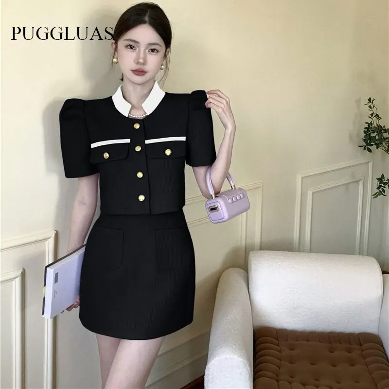 

Summer Korea Elegant Women Skirt Sets Retro Waffle Outifits Puff Sleeve Single-breasted Crop Top Mini Skirts Set Hepburn Suit