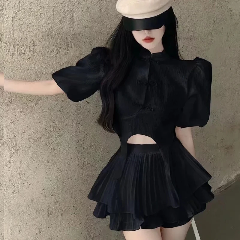 Y2K Black Two-piece Suits Women Fashion New Stand Collar Tassel Bubble Sleeve Shirts Double Pleated Mini Shorts Skirts Sets