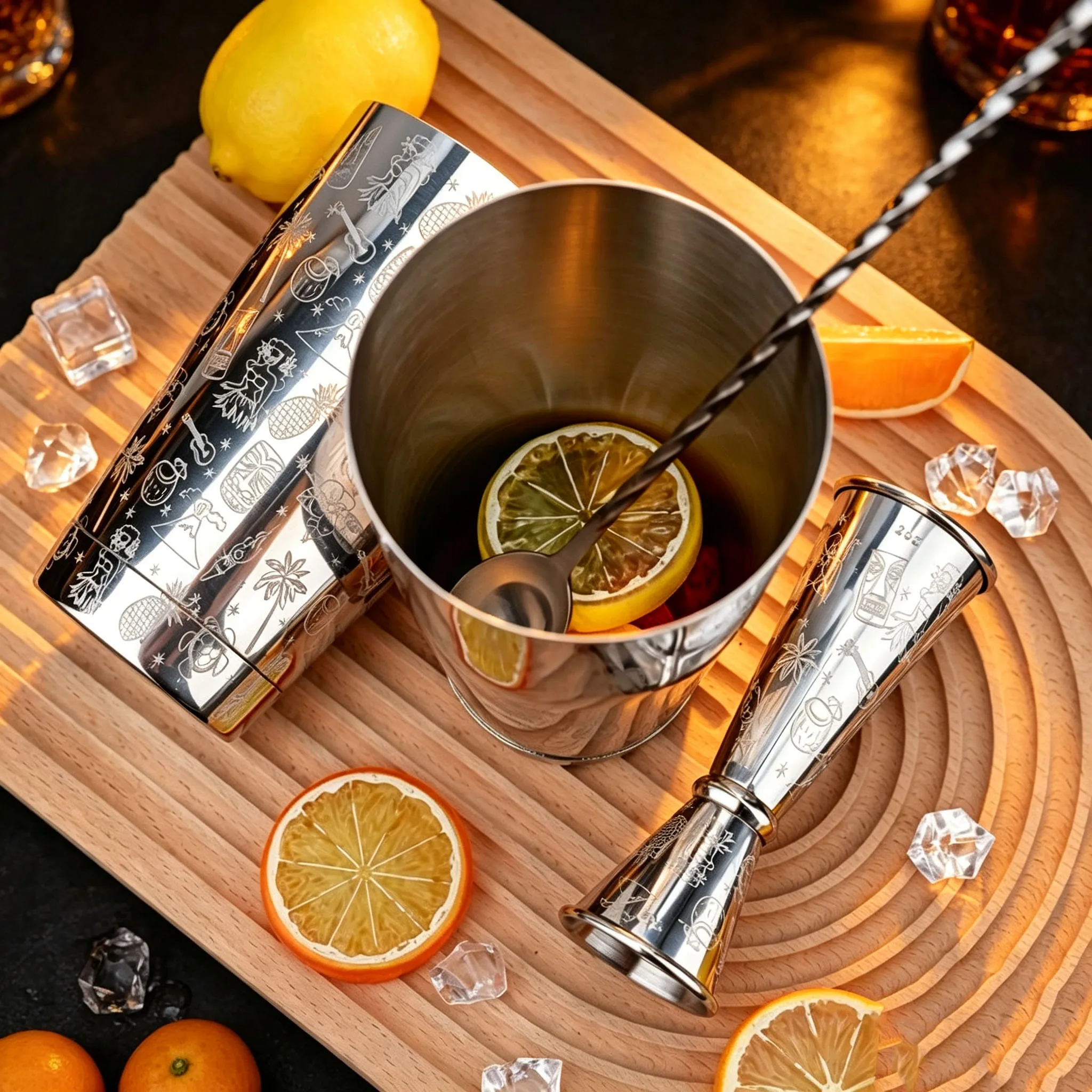 28oz/18oz Boston Shaker Cocktail Set Stainless Steel Bar Tool Professional Bartender Kit Home Bar Accessory Engraved Pattern