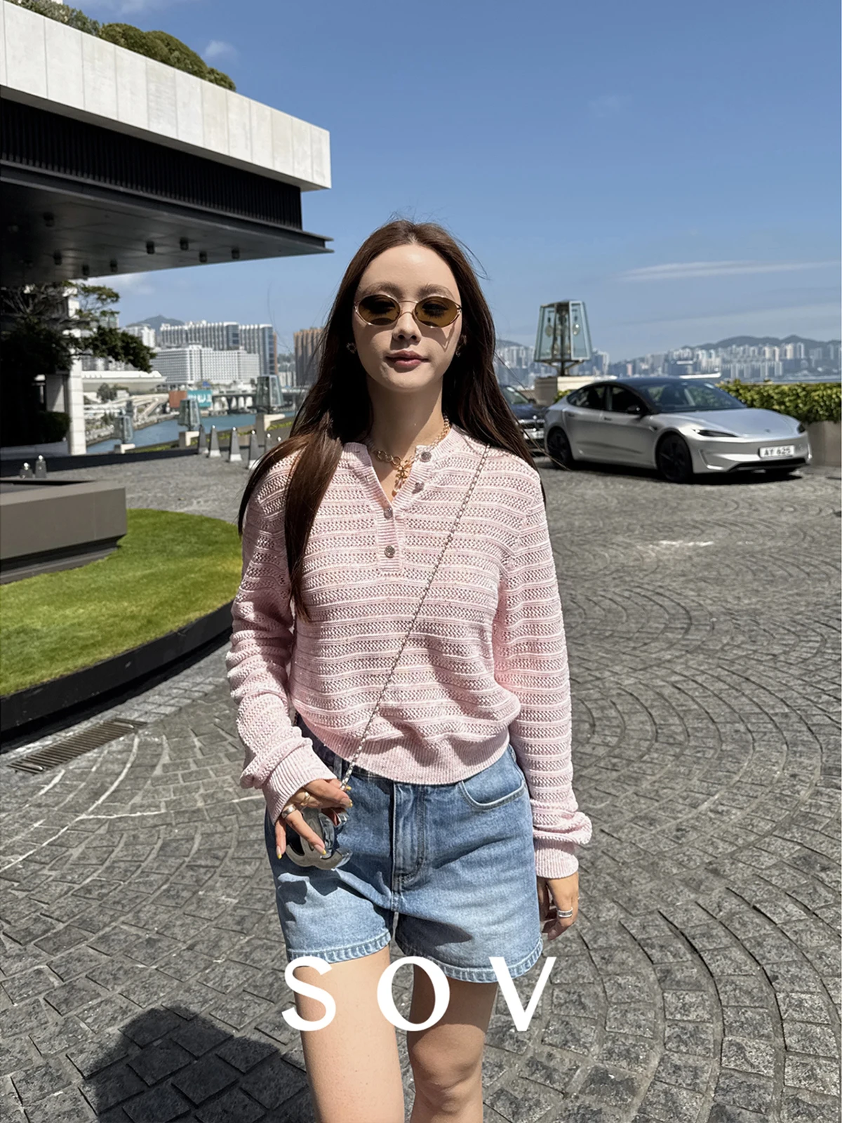 

Вязаный свитер SOV 'Little Pink' из смесового конопляного льна с ажурным узором и воротником хенли, женское короткое пальто с длинными рукавами