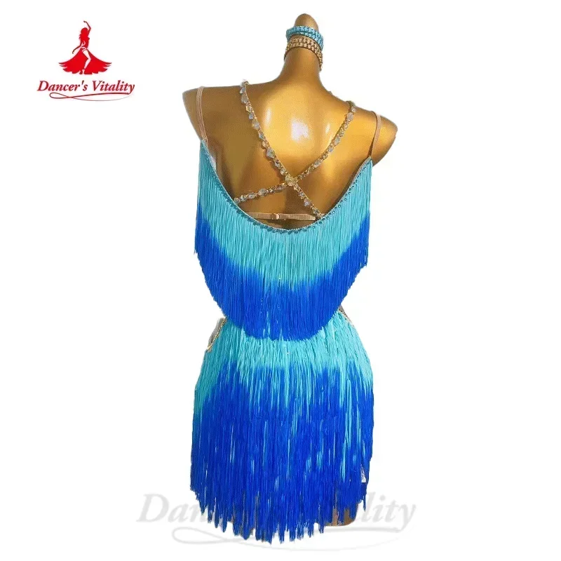 Latin Dance Dresses Customized Luxury Rhinestone Gradient Tassel Dress Adults and Children Tango Samba Rumba Competition Outfit