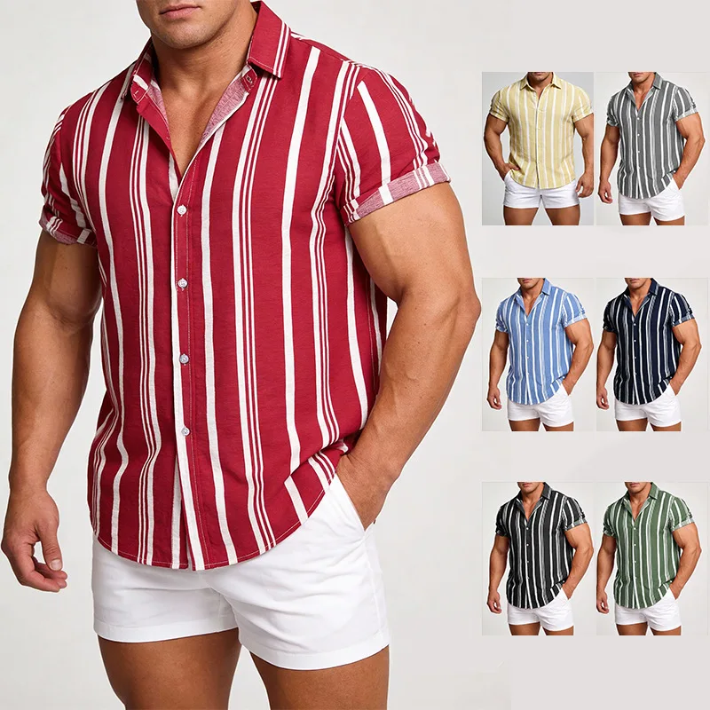 

Casual Stripe Print Short Sleeve Men's Shirt Summer Breathable Cotton Linen Blend Comfortable Fit Shirt Open Cardigan Style