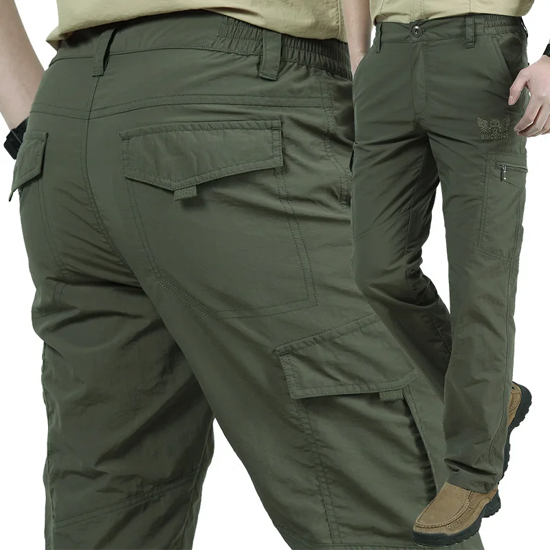 Outdoor Sports Waterproof Quick Dry Pants Men Summer Thin Style Multi Pocket Loose Daily Working Climbing Casual Trousers