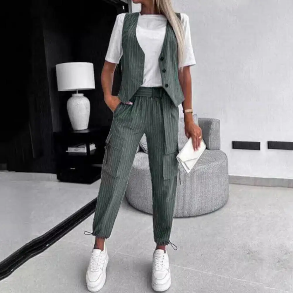 2 Pcs/Set Women Vest Pants Set For Summer V Neck Single-breasted Waistcoat Drawstring Hem Ninth Trousers Office Top Pants Set