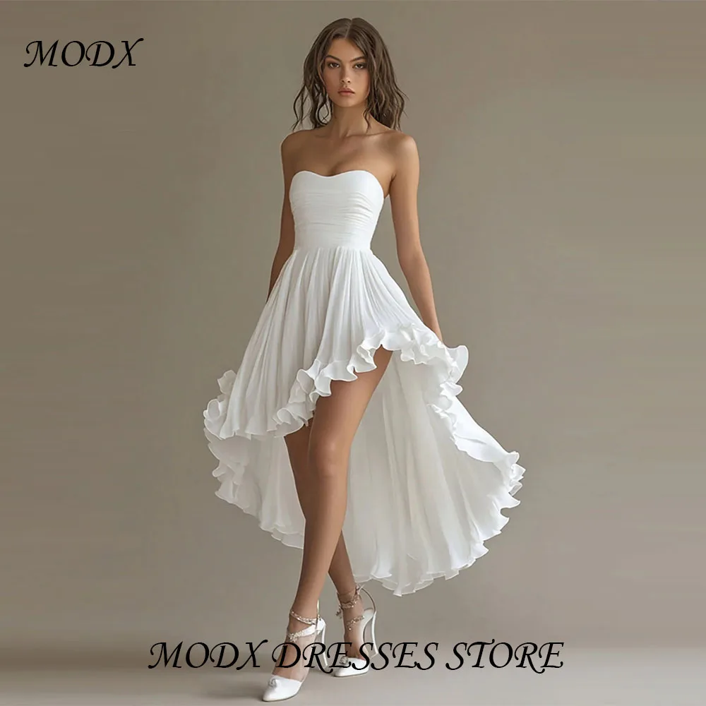 MODX White Wedding Dress Strapless High Low Design Chiffon Ruffle Skirt Elegant Bridal Gown For Wedding Ceremony Party Event