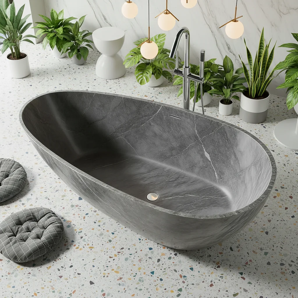 &c Artificial Stone Quartz Grey Color Acrylic Solid Surface Bath Tub Oval Shaped Freestanding Bathtubs