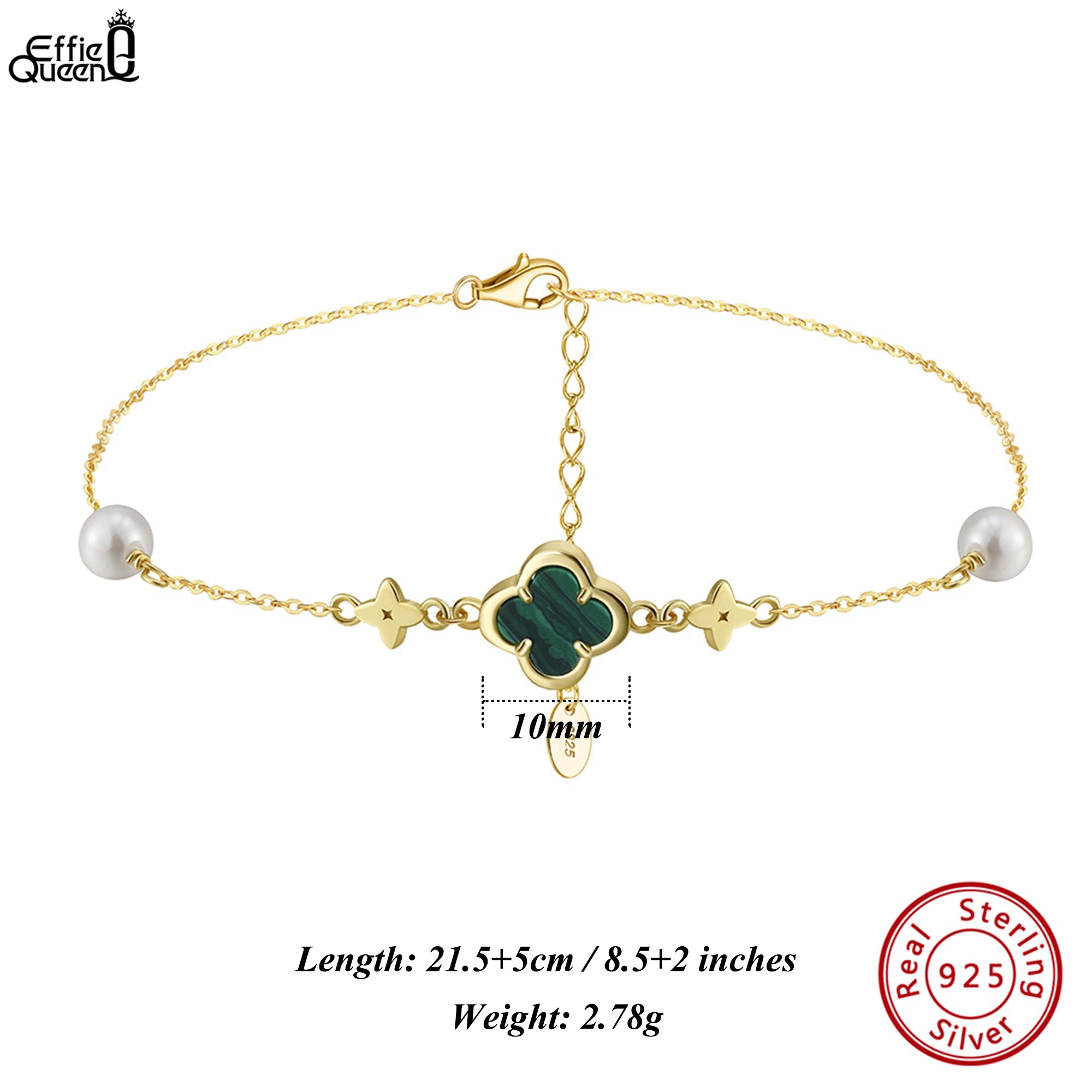 

Effie Queen 925 Sterling Silver Four-Leaf Clover Anklets With Green Malachite, Trendy Lucky Design, Ideal Gift for Women GMA05