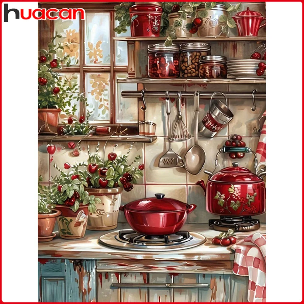 Huacan New Arrivals 2025 Diamond Painting Kitchen Pots And Pans Diamond Mosaic Landscape Complete Kit Craft Kit