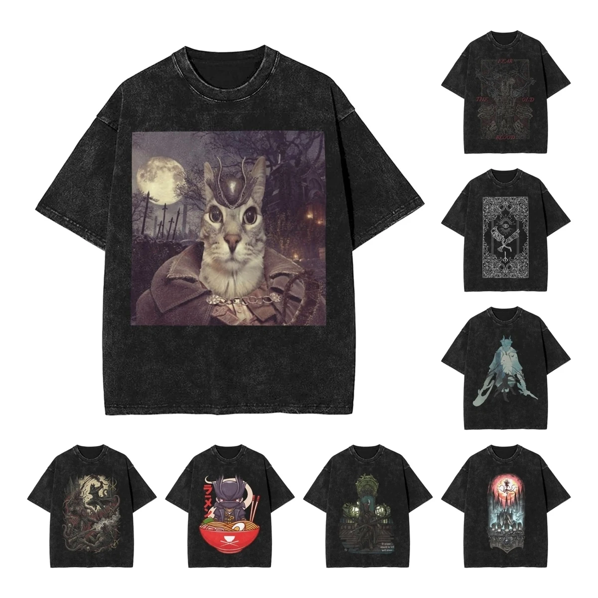 Bloodbornes Darks Souls Washed T Shirts Streetwear Vintage T-Shirt  Tees Tops for Men Women Cotton Street Graphic Printed